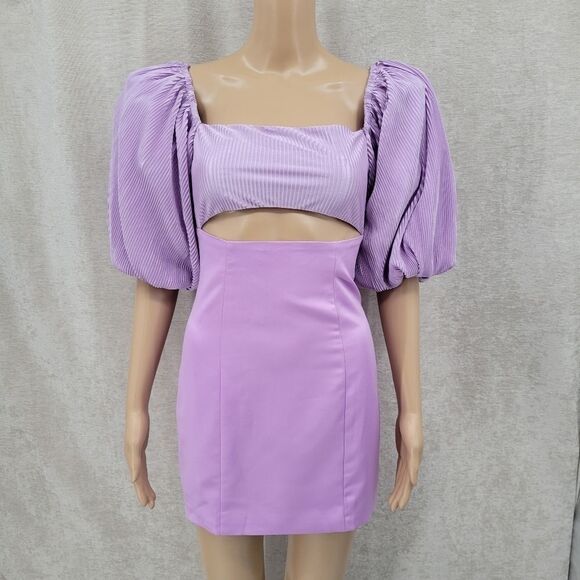 Runway the Label Lenny Purple Lavendar Mini Dress in Iris Cut Out Puffed Sleeves - Picture 3 of 16